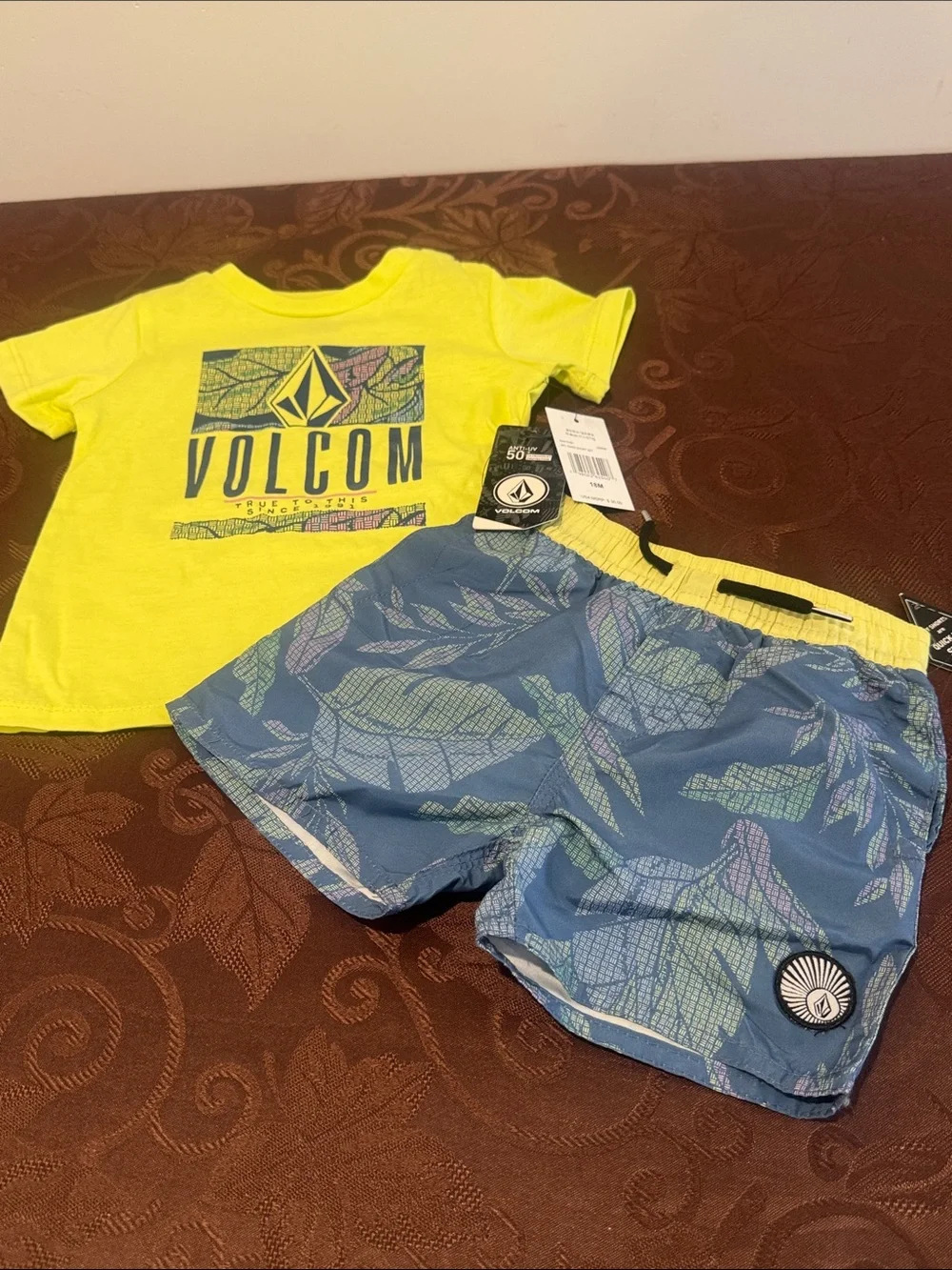 Volcom Boys Neon Lime Tee with Blue Leaf Swim Shorts